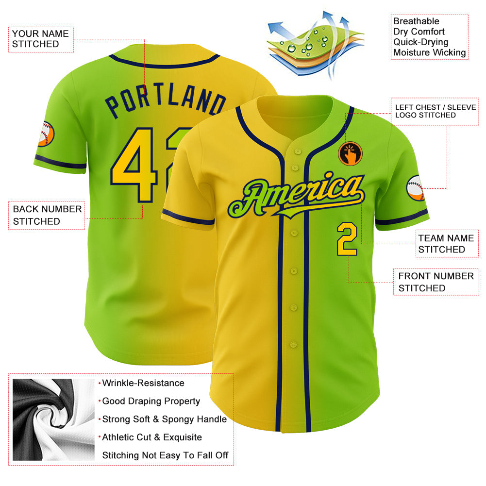 Custom Neon Green Yellow-Navy Authentic Gradient Fashion Baseball Jersey - Sky-Custom