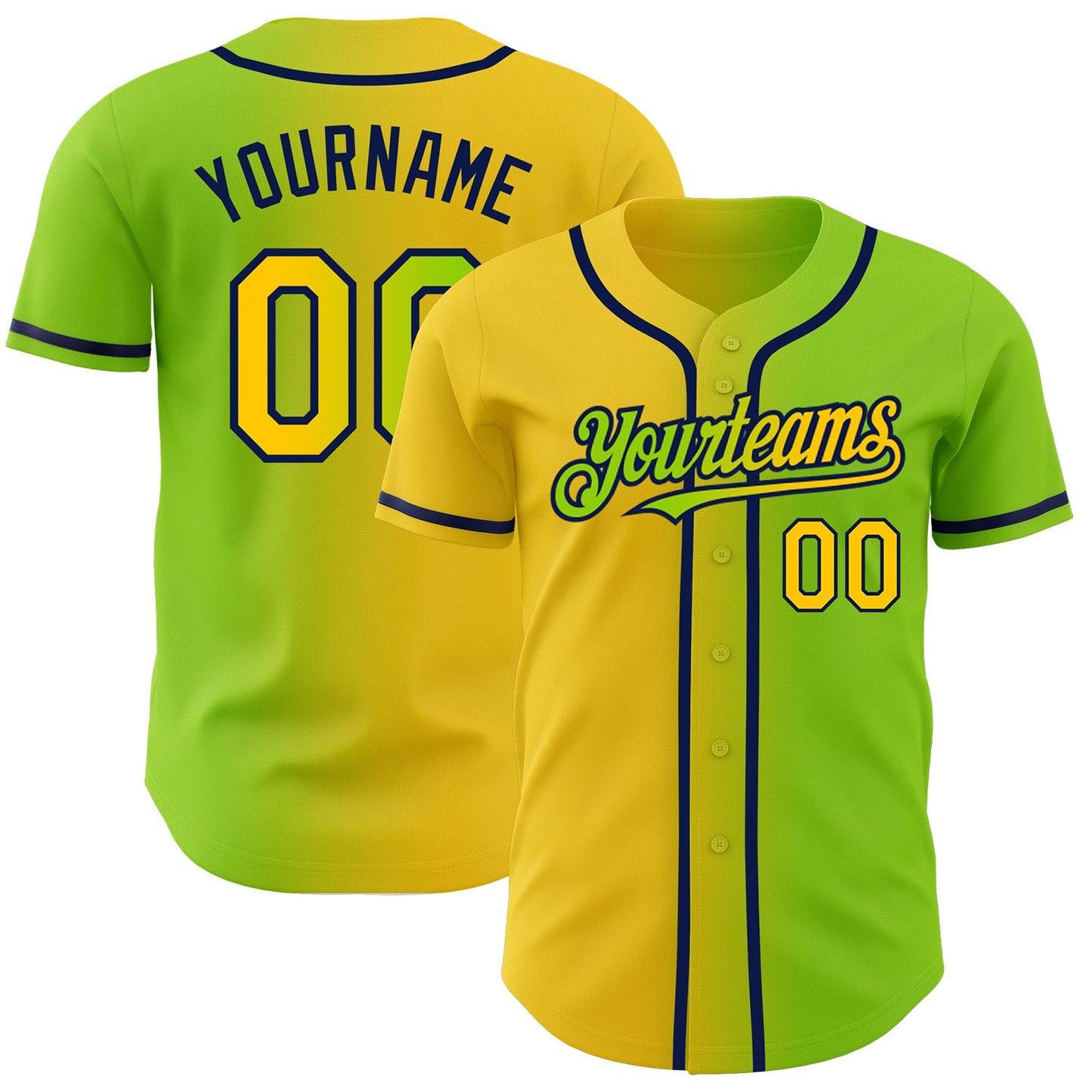 Custom Neon Green Yellow-Navy Authentic Gradient Fashion Baseball Jersey - Sky-Custom
