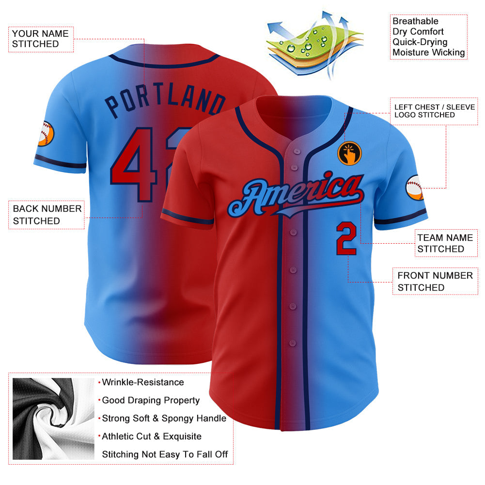 Custom Electric Blue Red-Navy Authentic Gradient Fashion Baseball Jersey - Sky-Custom