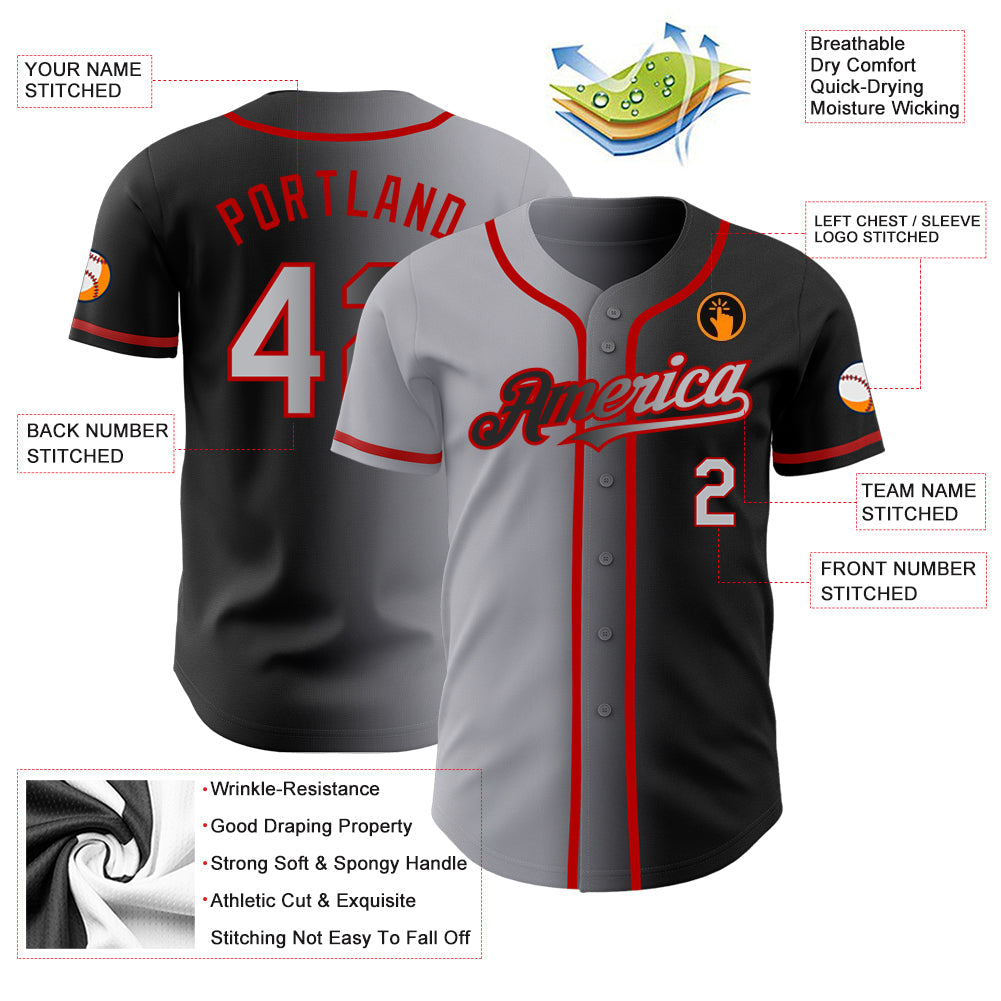 Custom Black Gray-Red Authentic Gradient Fashion Baseball Jersey - Sky-Custom