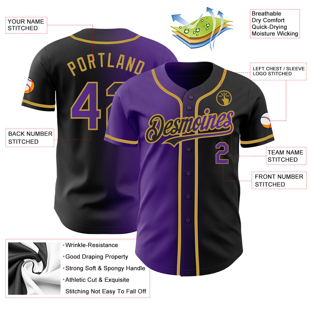 Custom Black Purple-Old Gold Authentic Gradient Fashion Baseball Jersey - Sky-Custom