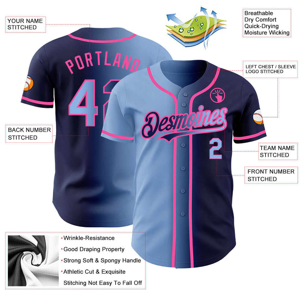 Custom Navy Light Blue-Pink Authentic Gradient Fashion Baseball Jersey - Sky-Custom