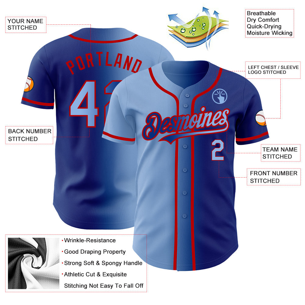 Custom Royal Light Blue-Red Authentic Gradient Fashion Baseball Jersey - Sky-Custom