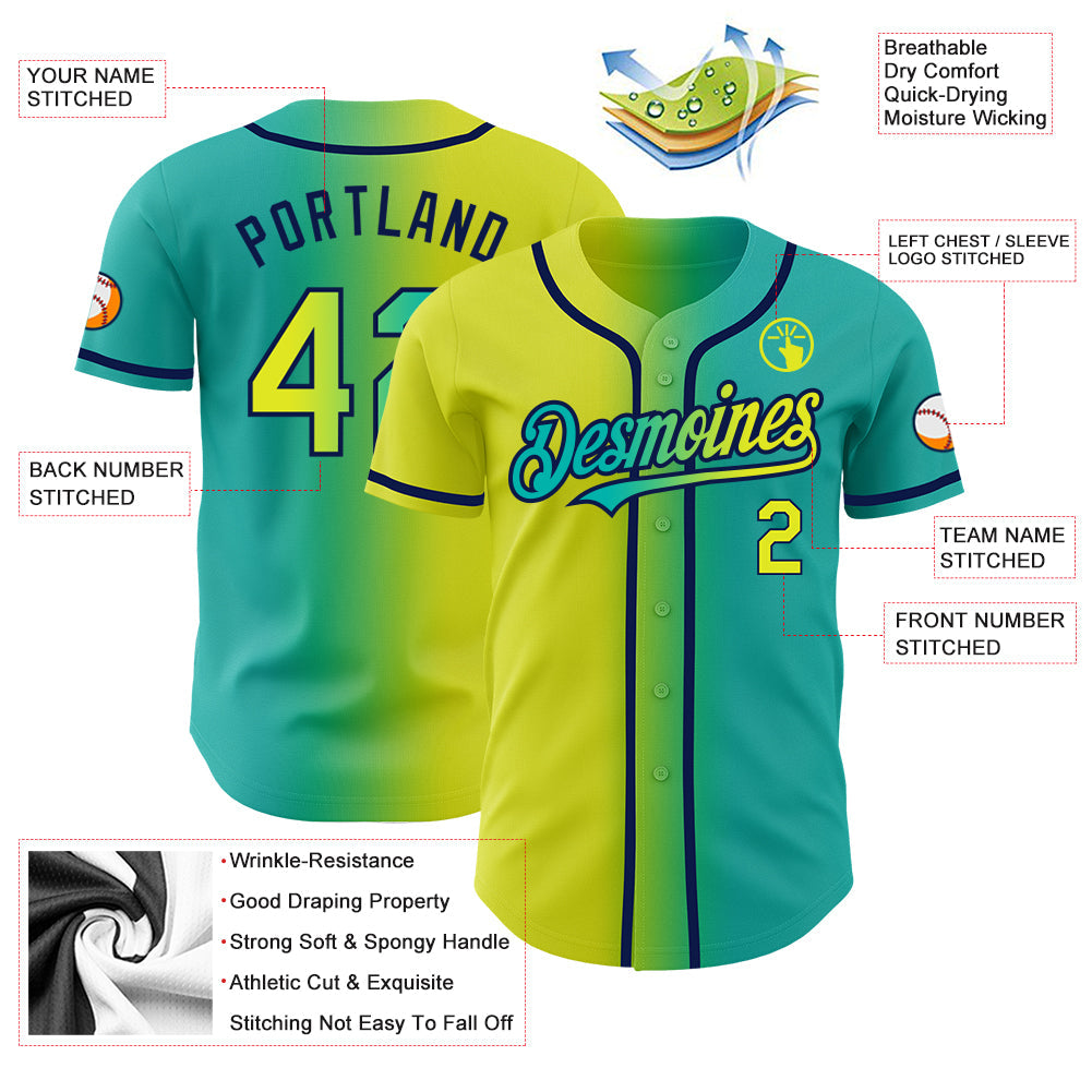 Custom Aqua Neon Yellow-Navy Authentic Gradient Fashion Baseball Jersey - Sky-Custom