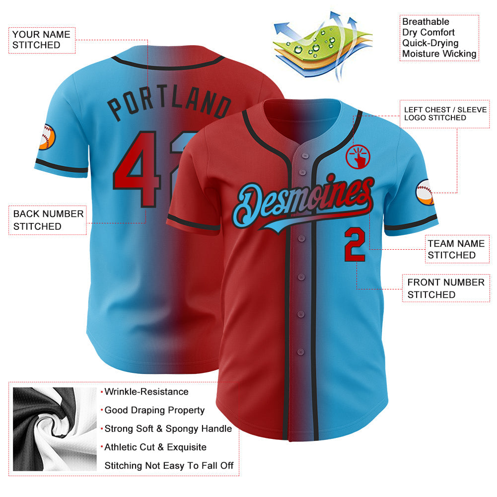 Custom Sky Blue Red-Black Authentic Gradient Fashion Baseball Jersey - Sky-Custom