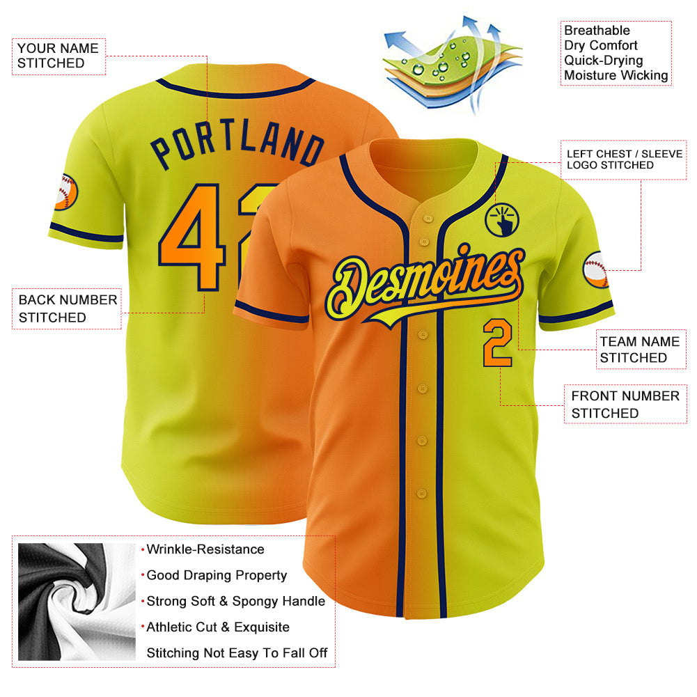 Custom Neon Yellow Bay Orange-Navy Authentic Gradient Fashion Baseball Jersey - Sky-Custom
