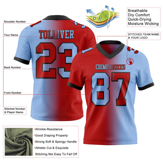 Custom Light Blue Red-Black Mesh Authentic Gradient Fashion Football Jersey - Sky-Custom