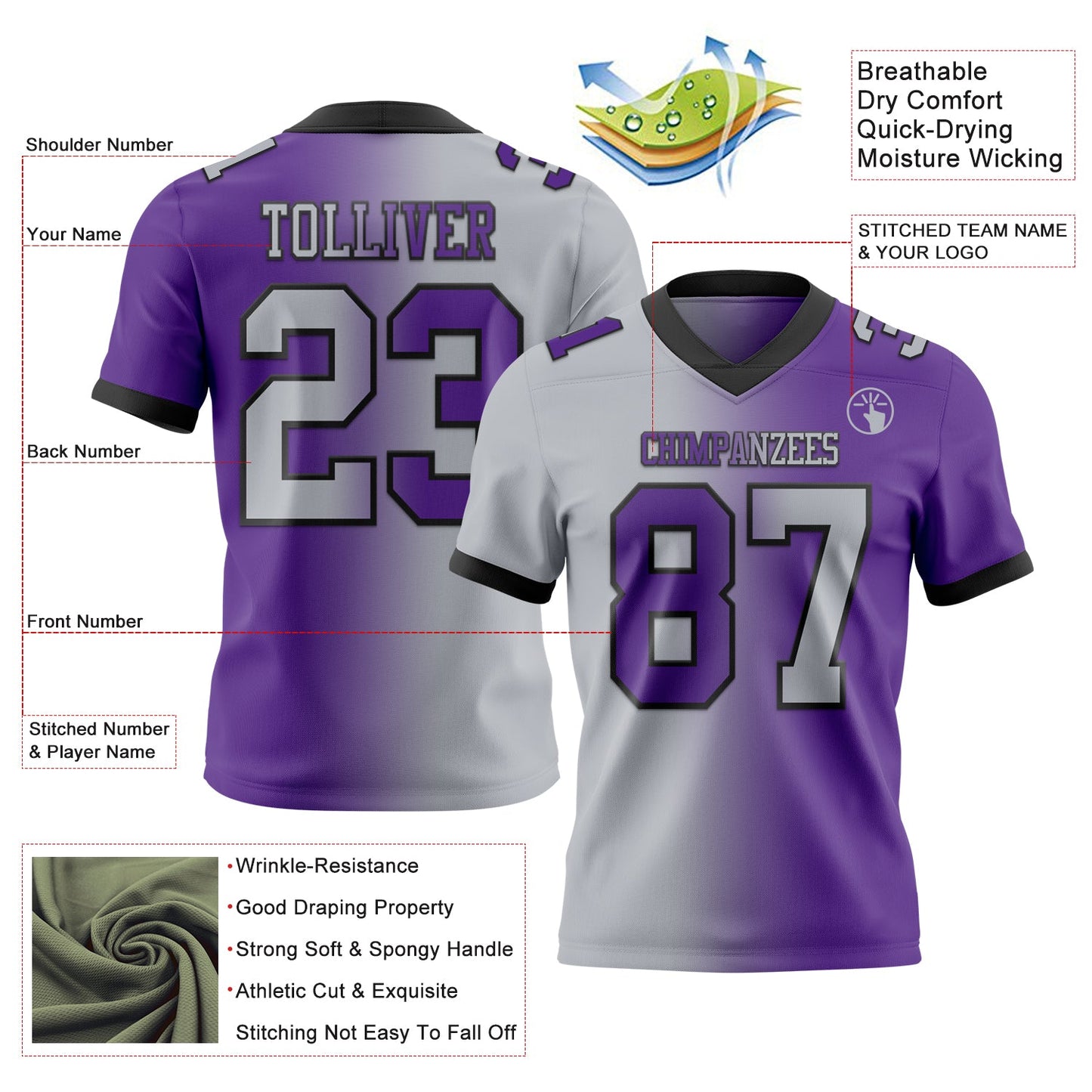 Custom Purple Gray-Black Mesh Authentic Gradient Fashion Football Jersey - Sky-Custom
