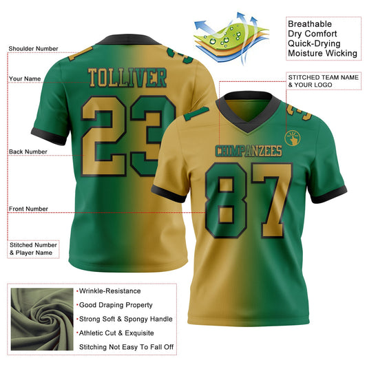 Custom Kelly Green Old Gold-Black Mesh Authentic Gradient Fashion Football Jersey - Sky-Custom