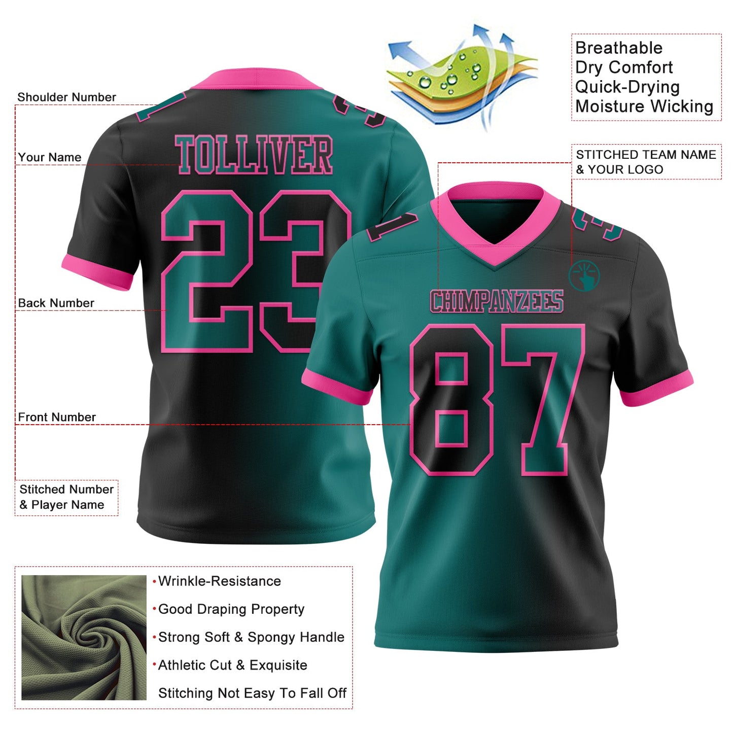 Custom Black Teal-Pink Mesh Authentic Gradient Fashion Football Jersey - Sky-Custom