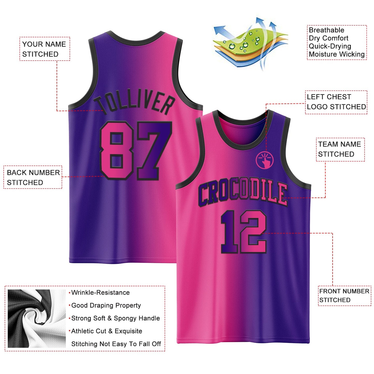 Custom Purple Pink-Black Authentic Gradient Fashion Basketball Jersey - Sky-Custom