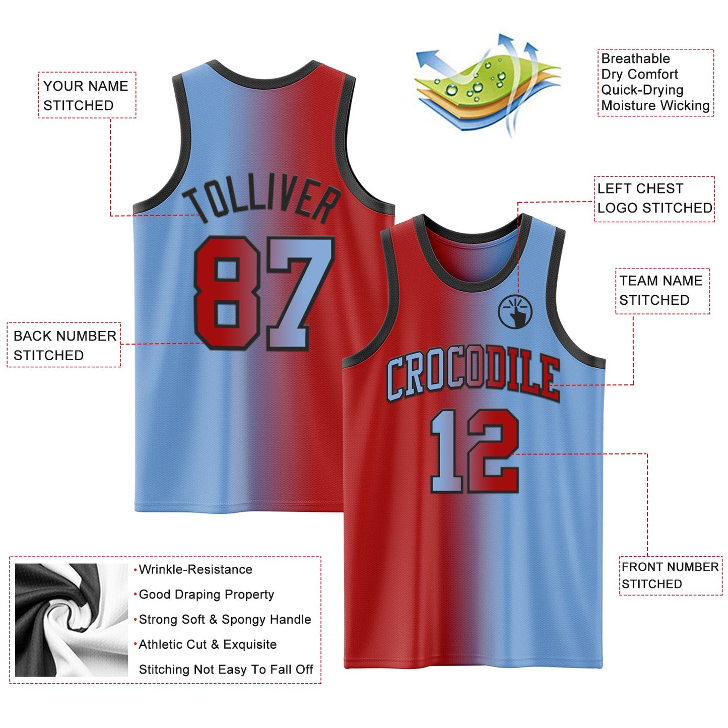 Custom Light Blue Red-Black Authentic Gradient Fashion Basketball Jersey - Sky-Custom