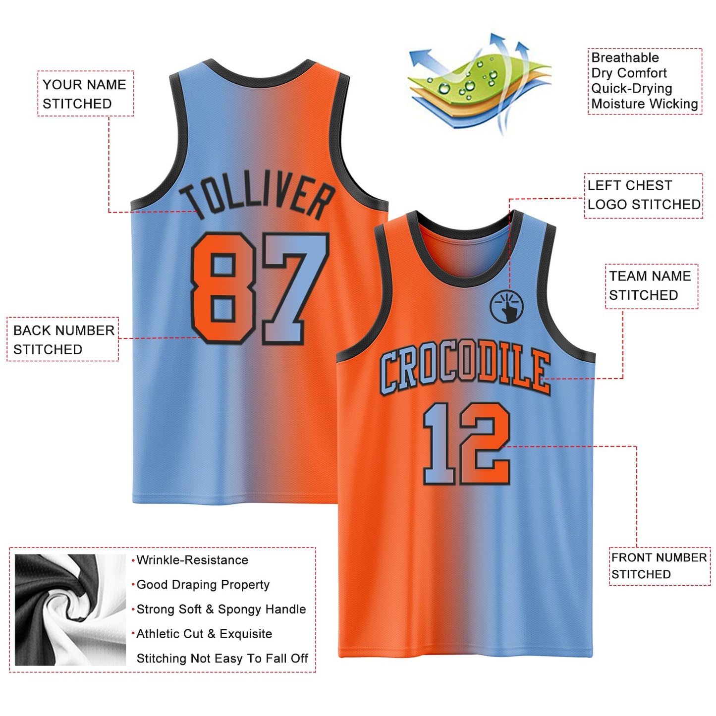 Custom Light Blue Orange-Black Authentic Gradient Fashion Basketball Jersey - Sky-Custom
