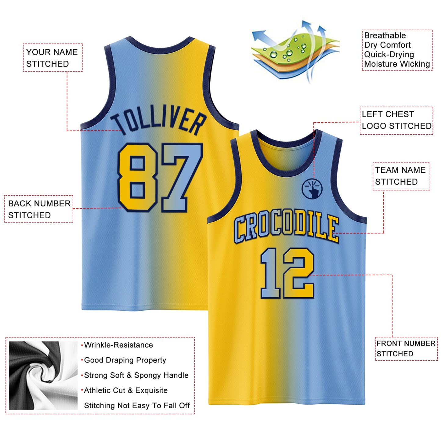 Custom Light Blue Yellow-Navy Authentic Gradient Fashion Basketball Jersey - Sky-Custom
