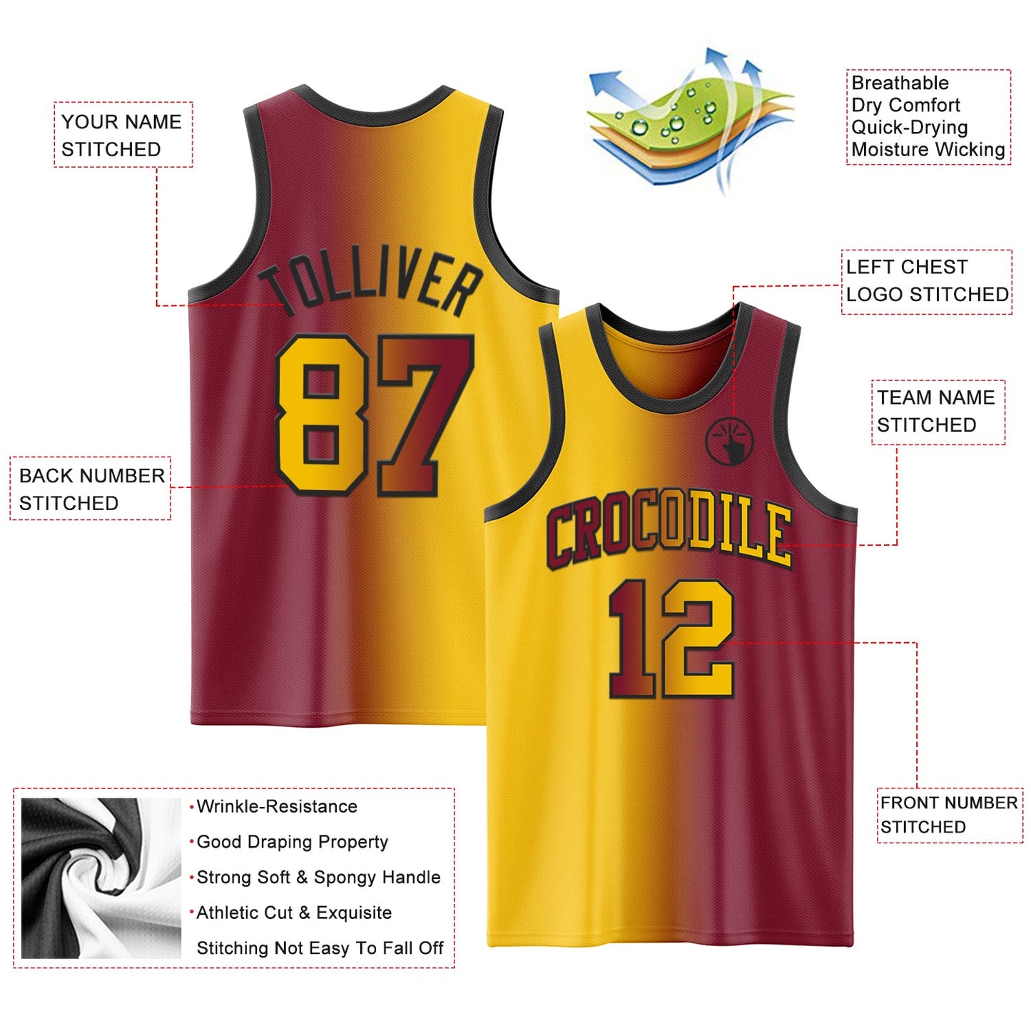 Custom Crimson Yellow-Black Authentic Gradient Fashion Basketball Jersey - Sky-Custom