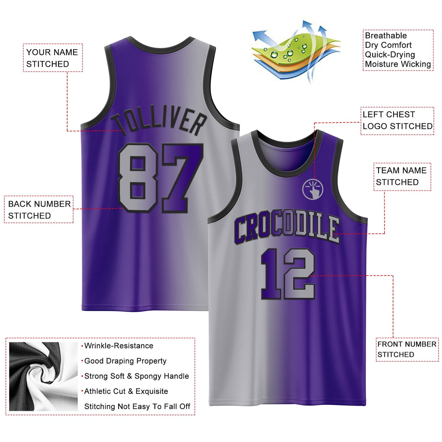Custom Purple Gray-Black Authentic Gradient Fashion Basketball Jersey - Sky-Custom