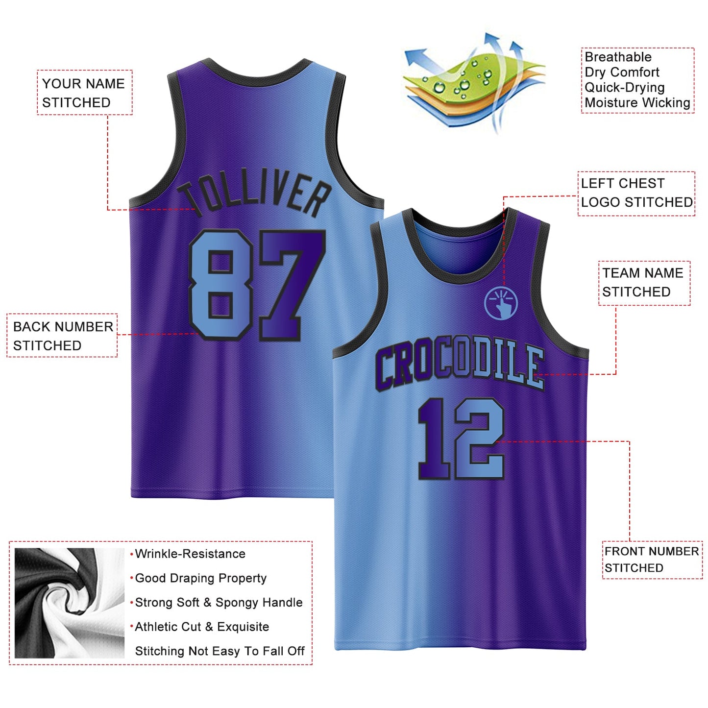 Custom Purple Light Blue-Black Authentic Gradient Fashion Basketball Jersey - Sky-Custom