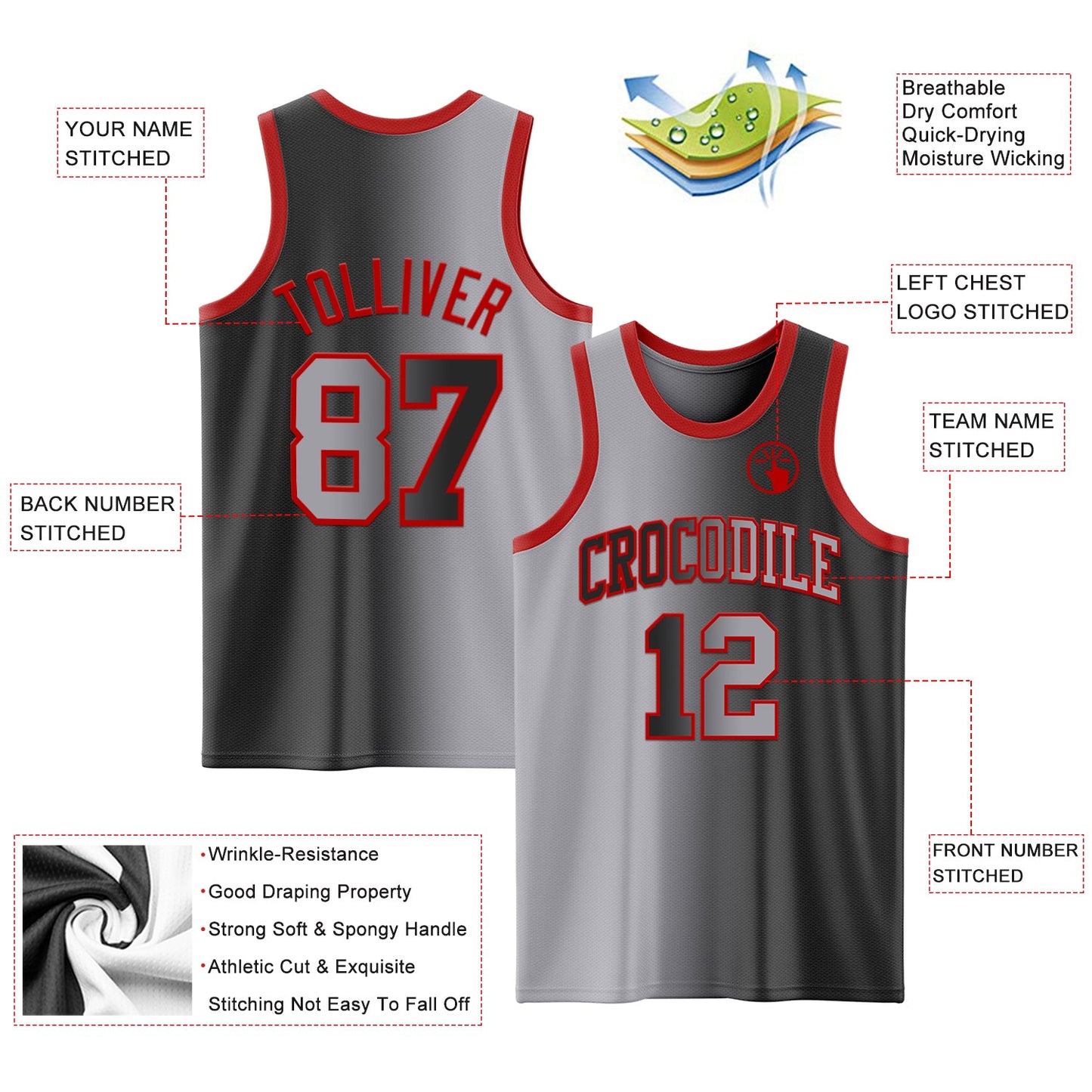 Custom Black Gray-Red Authentic Gradient Fashion Basketball Jersey - Sky-Custom