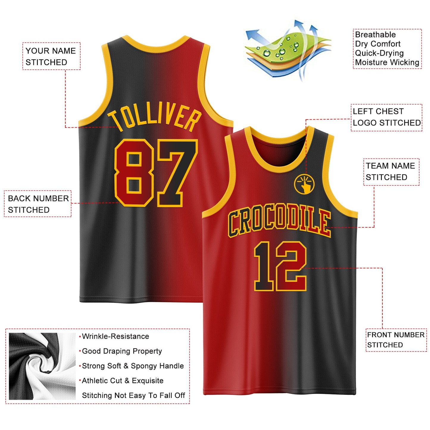 Custom Black Red-Gold Authentic Gradient Fashion Basketball Jersey - Sky-Custom