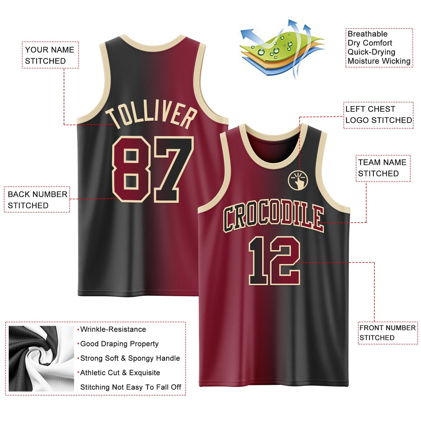 Custom Black Crimson-Cream Authentic Gradient Fashion Basketball Jersey - Sky-Custom