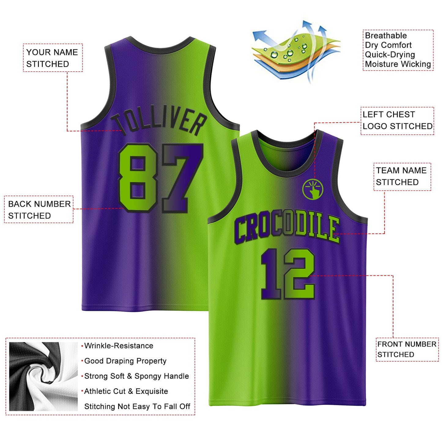Custom Purple Neon Green-Black Authentic Gradient Fashion Basketball Jersey - Sky-Custom