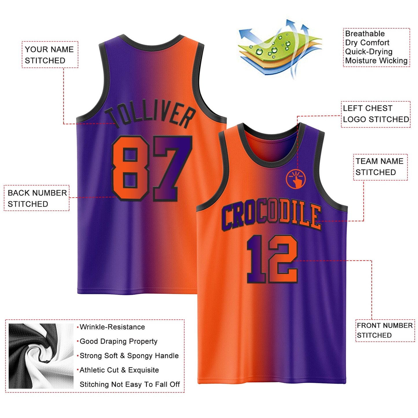 Custom Purple Orange-Black Authentic Gradient Fashion Basketball Jersey - Sky-Custom