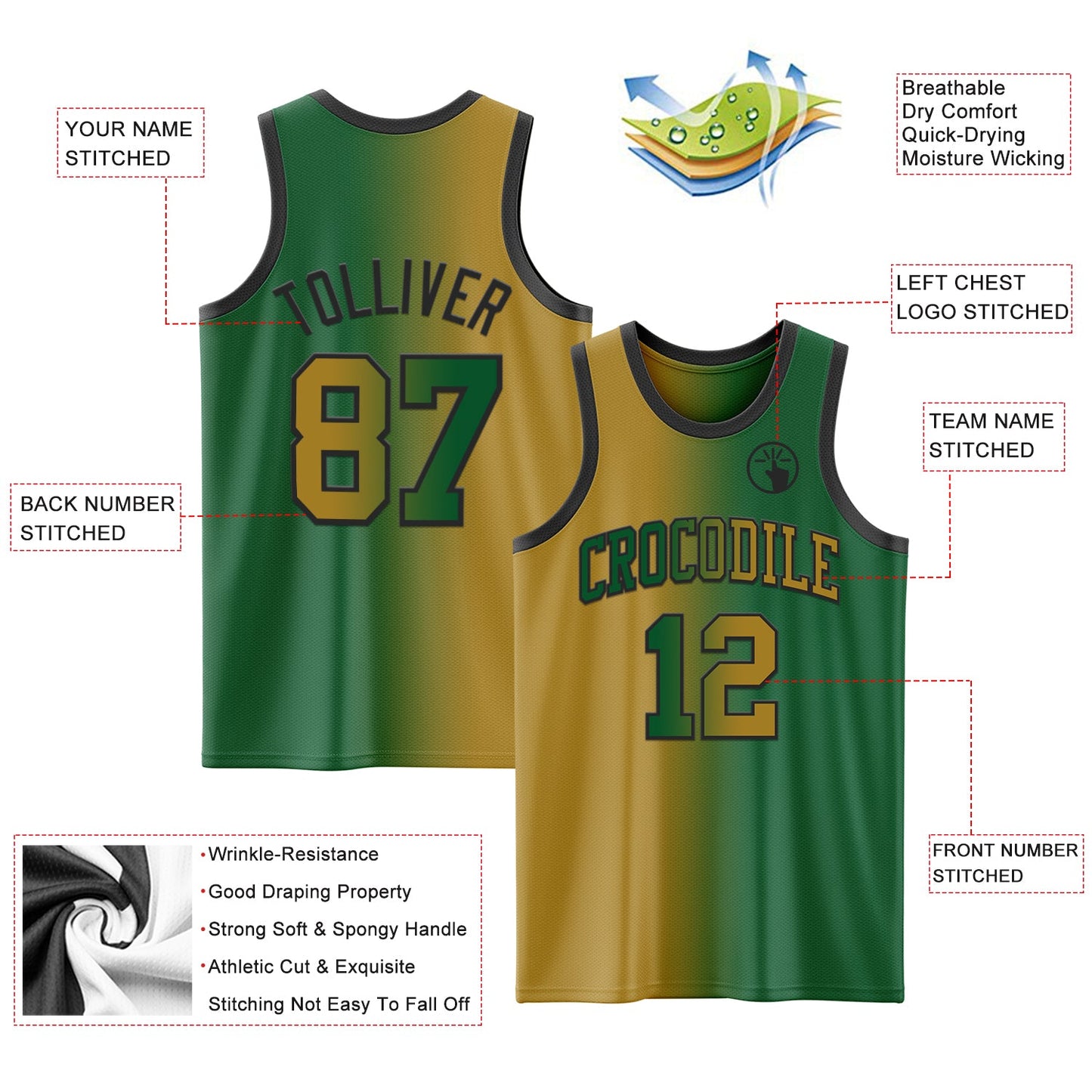 Custom Kelly Green Old Gold-Black Authentic Gradient Fashion Basketball Jersey - Sky-Custom
