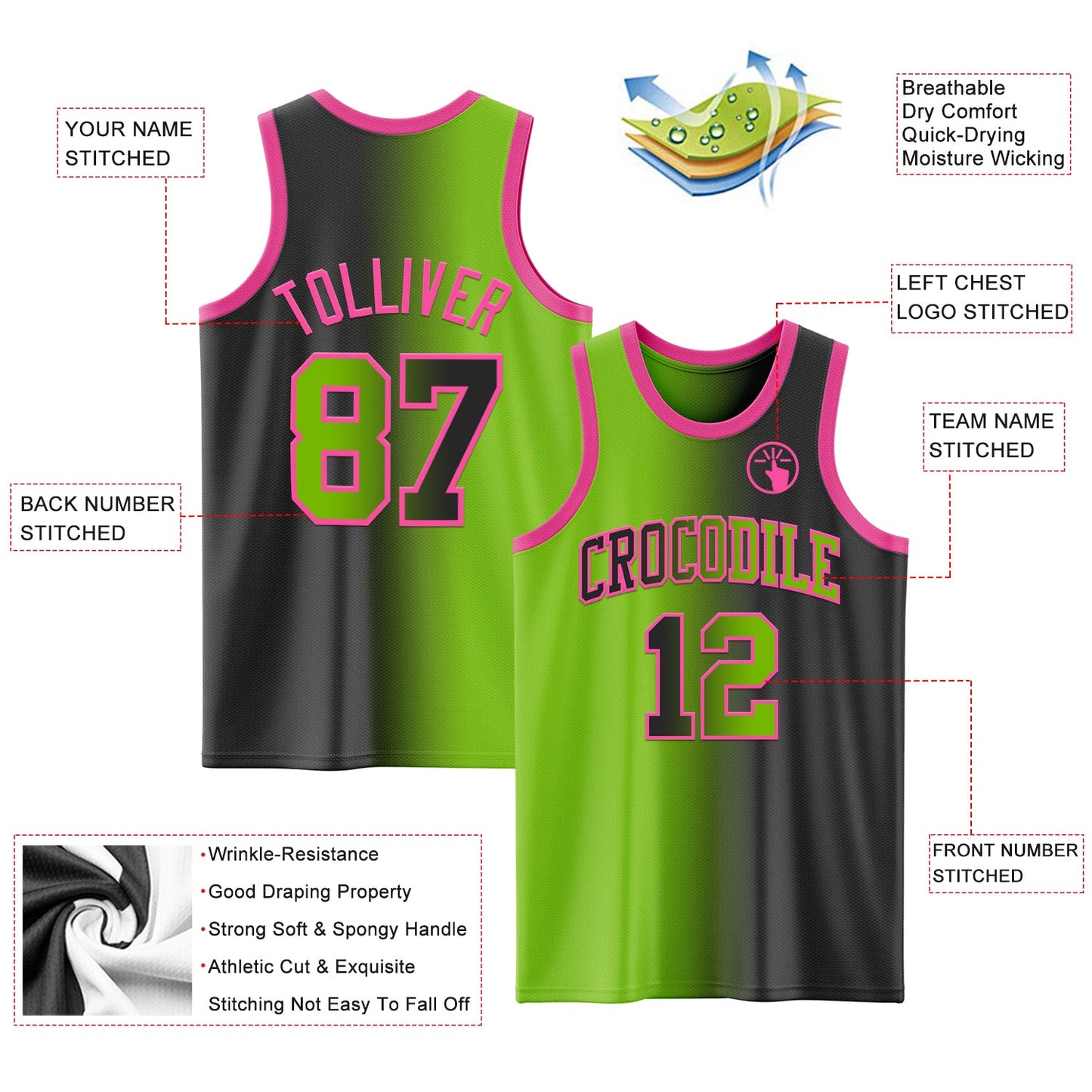Custom Black Neon Green-Pink Authentic Gradient Fashion Basketball Jersey - Sky-Custom