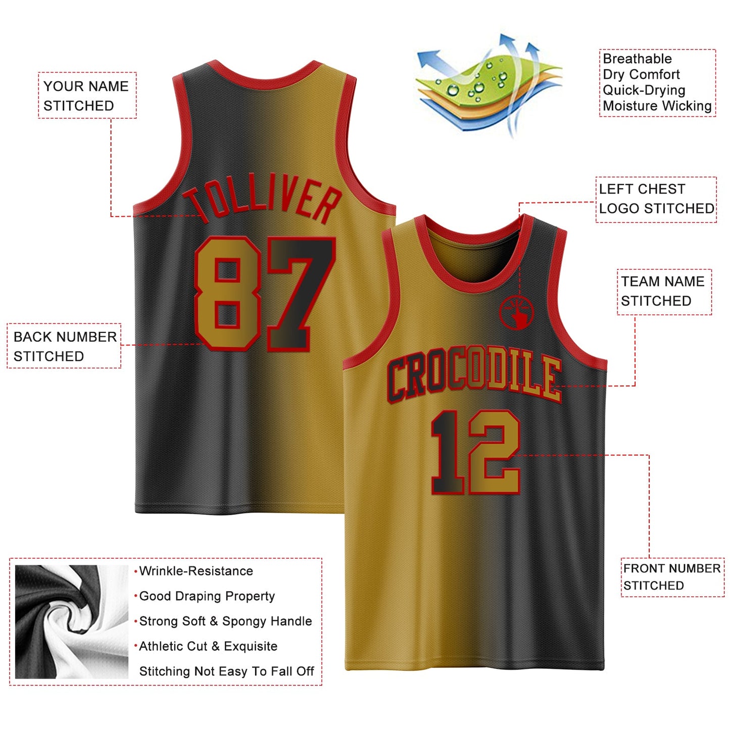 Custom Black Old Gold-Red Authentic Gradient Fashion Basketball Jersey - Sky-Custom