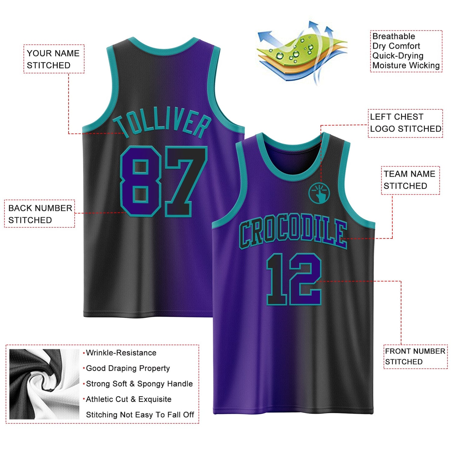 Custom Black Purple-Teal Authentic Gradient Fashion Basketball Jersey - Sky-Custom
