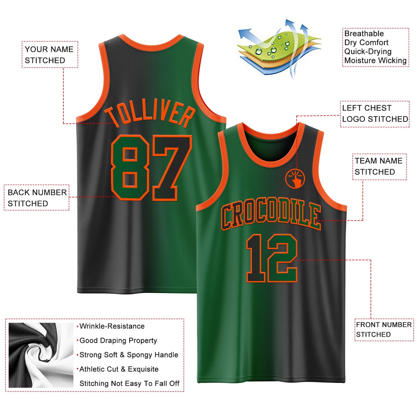Custom Black Kelly Green-Orange Authentic Gradient Fashion Basketball Jersey - Sky-Custom