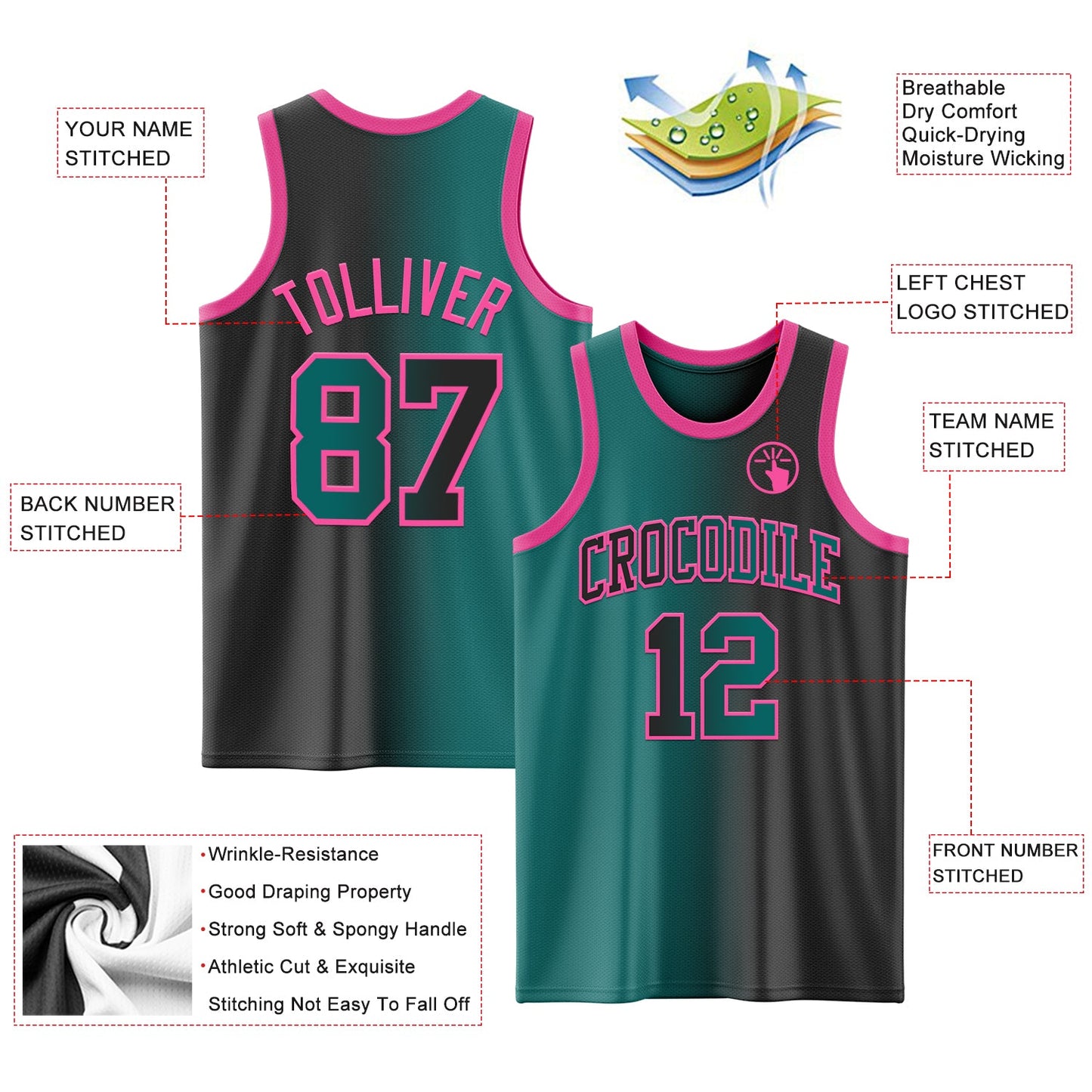 Custom Black Teal-Pink Authentic Gradient Fashion Basketball Jersey - Sky-Custom