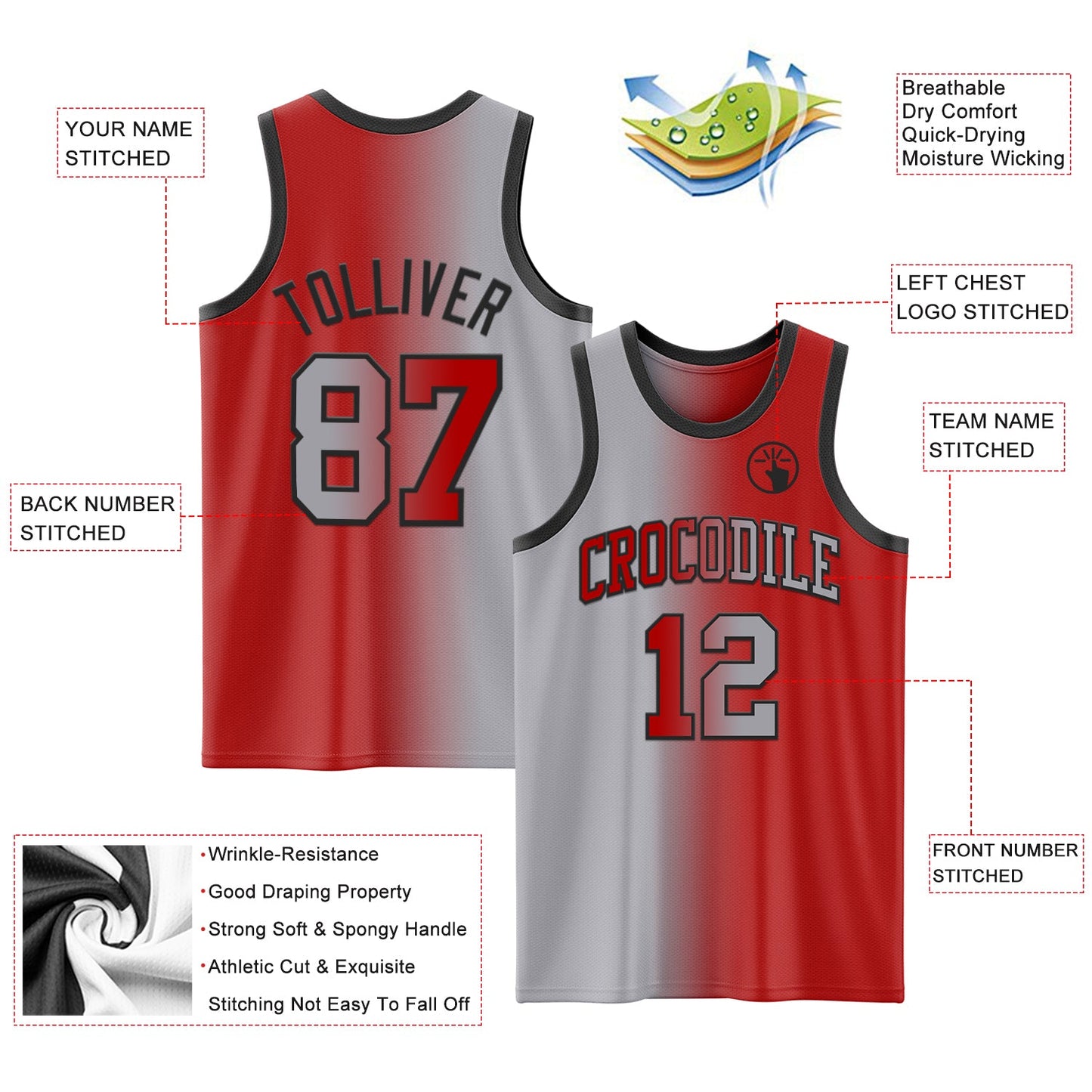 Custom Red Gray-Black Authentic Gradient Fashion Basketball Jersey - Sky-Custom