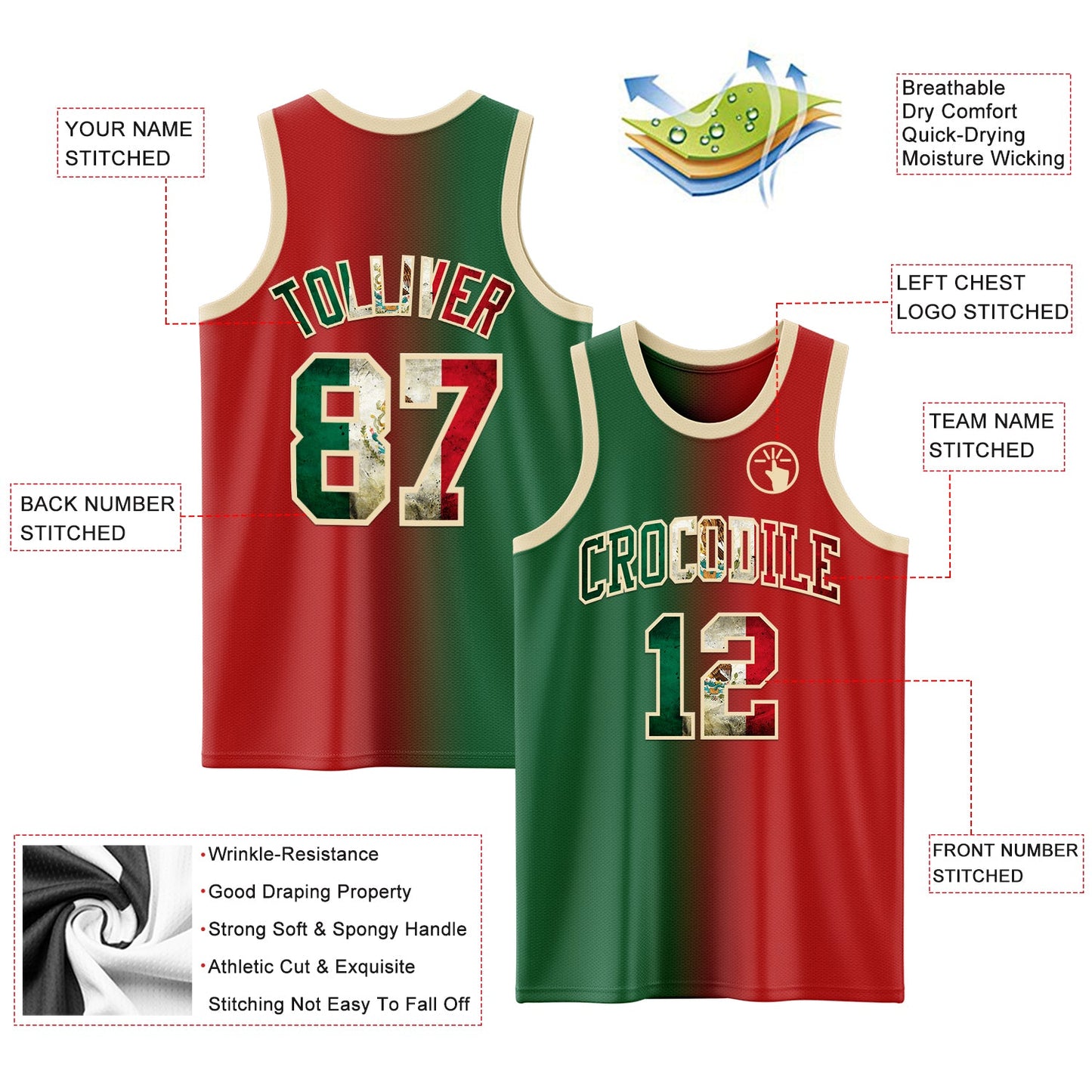Custom Red Vintage Mexican Flag Kelly Green-Cream Authentic Gradient Fashion Basketball Jersey - Sky-Custom