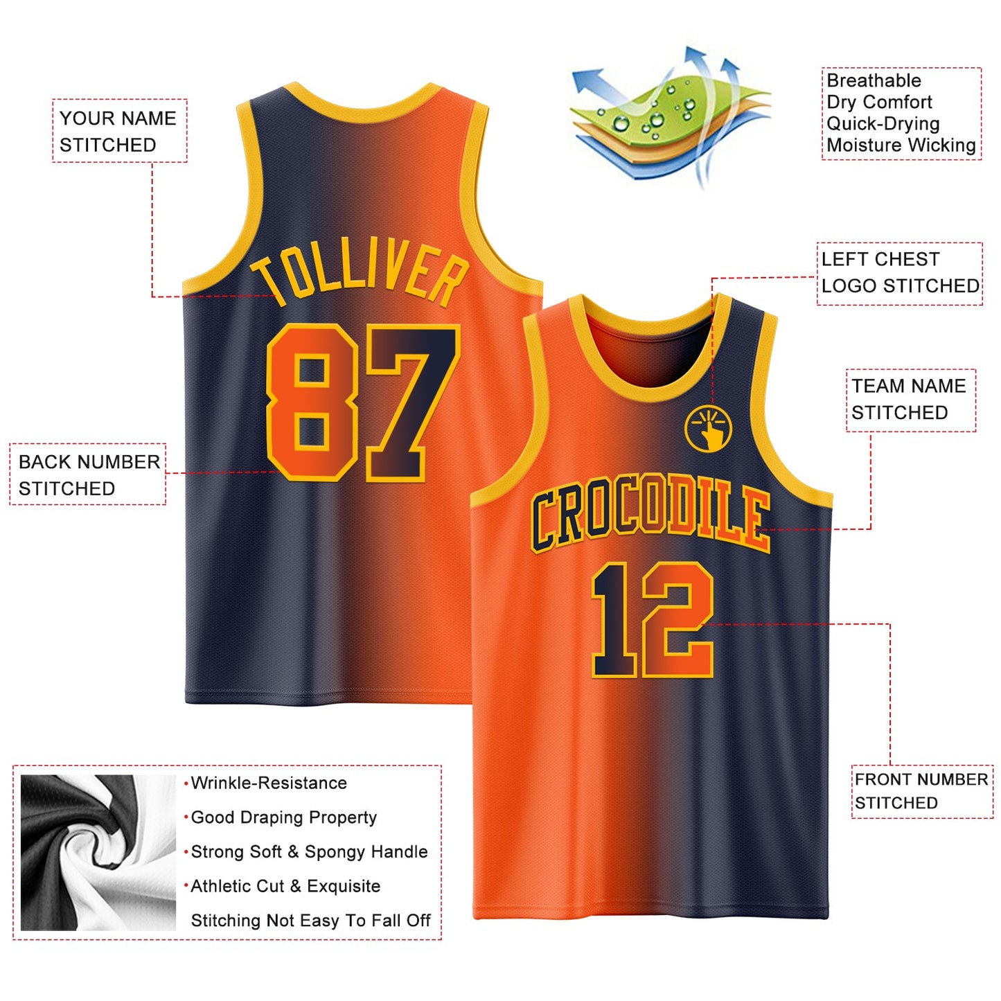 Custom Navy Orange-Gold Authentic Gradient Fashion Basketball Jersey - Sky-Custom