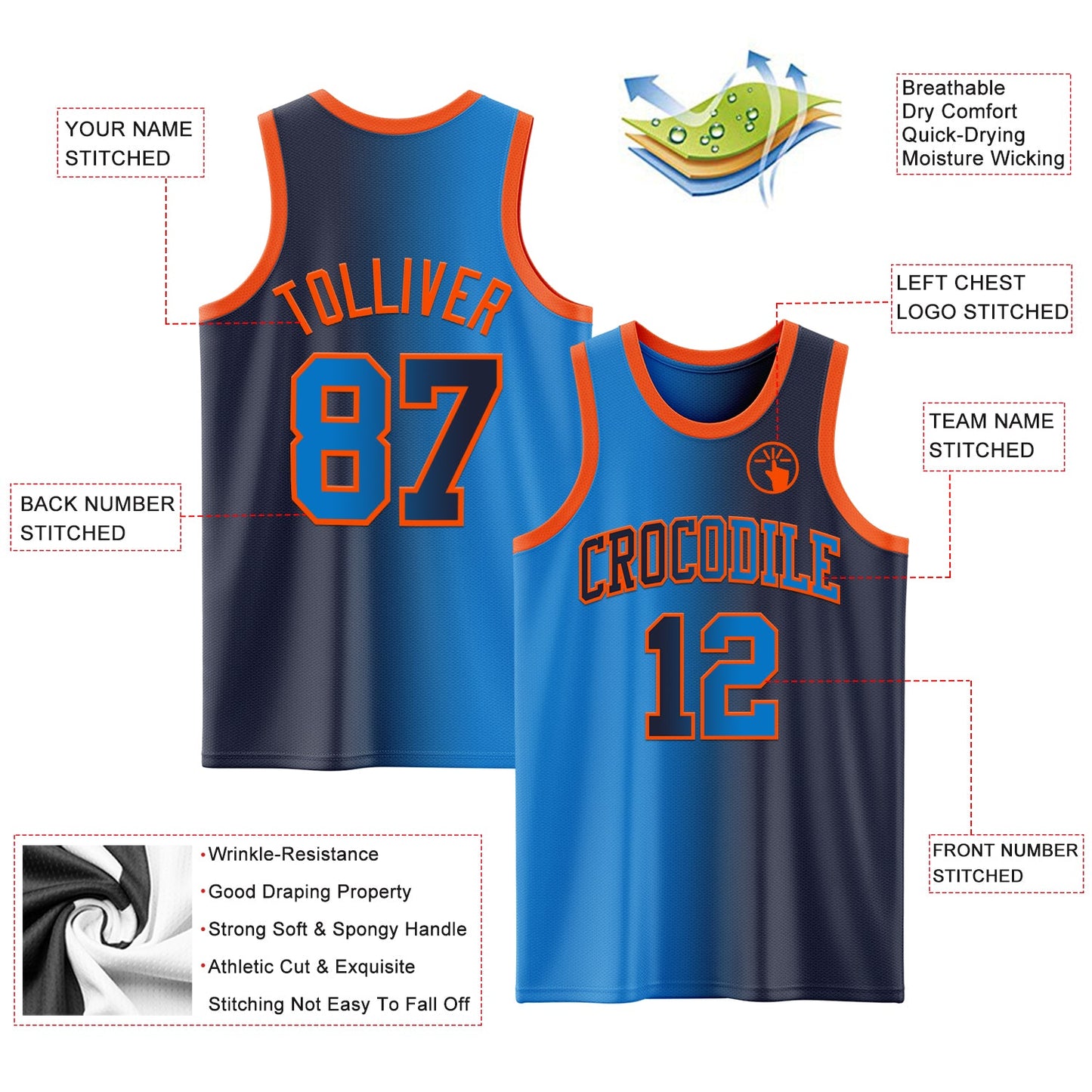 Custom Navy Powder Blue-Orange Authentic Gradient Fashion Basketball Jersey - Sky-Custom