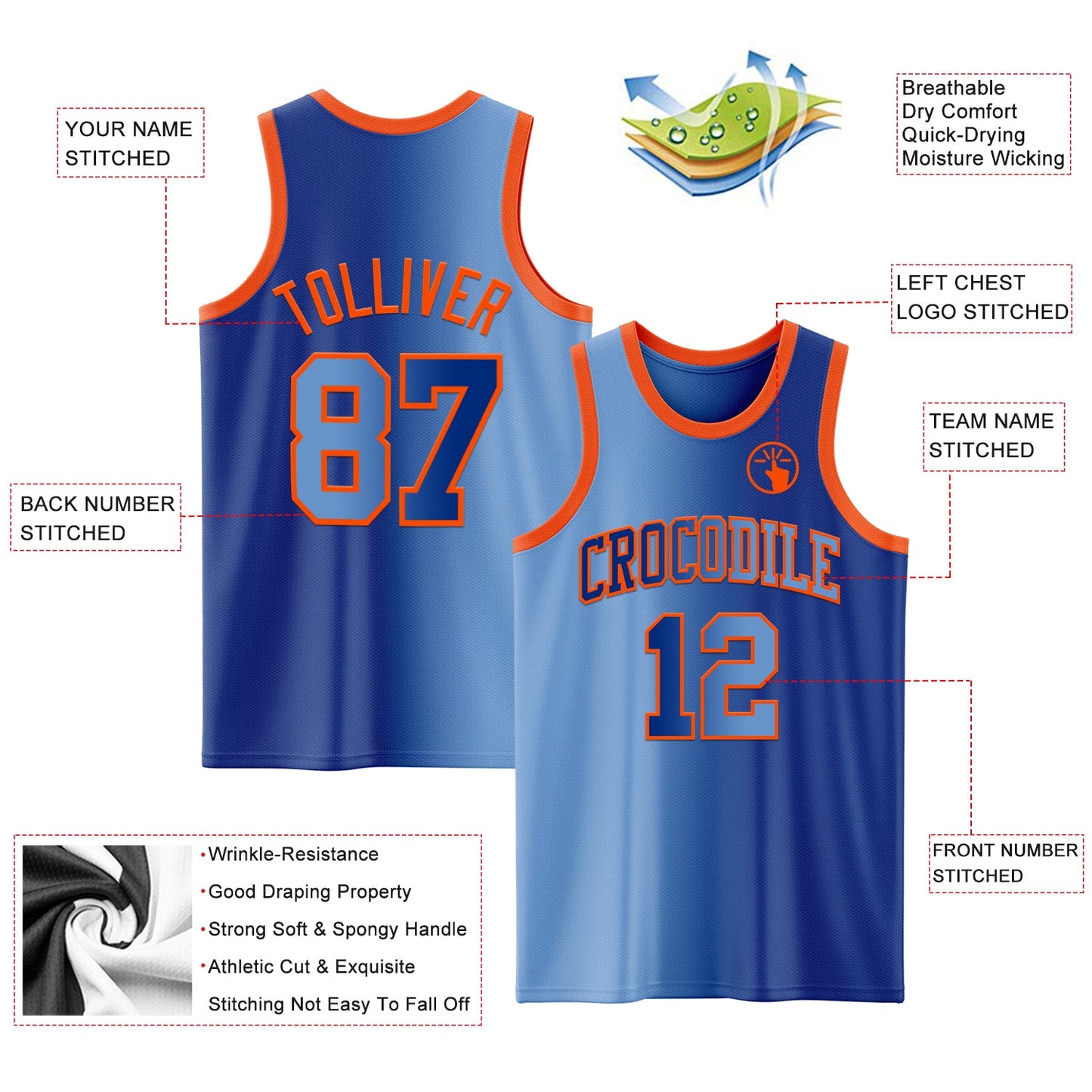 Custom Royal Light Blue-Orange Authentic Gradient Fashion Basketball Jersey - Sky-Custom