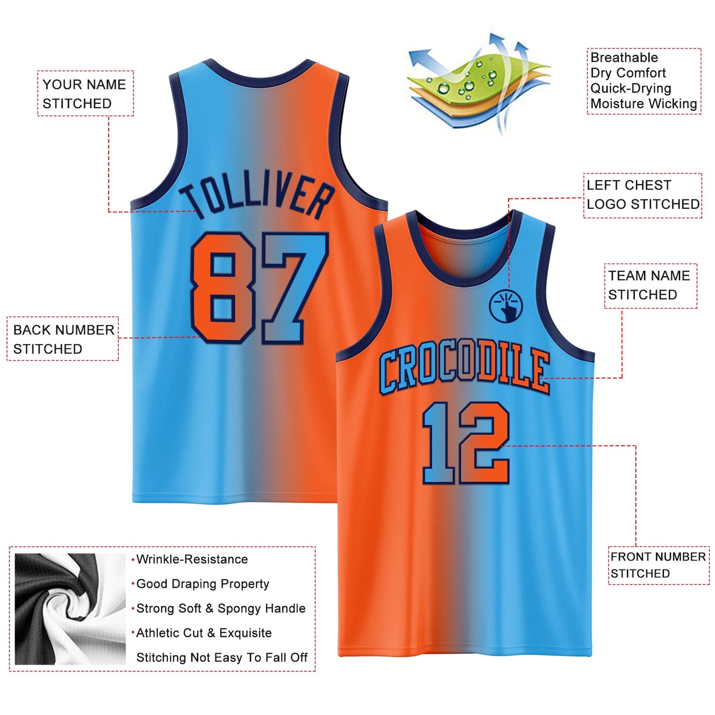 Custom Sky Blue Orange-Navy Authentic Gradient Fashion Basketball Jersey - Sky-Custom