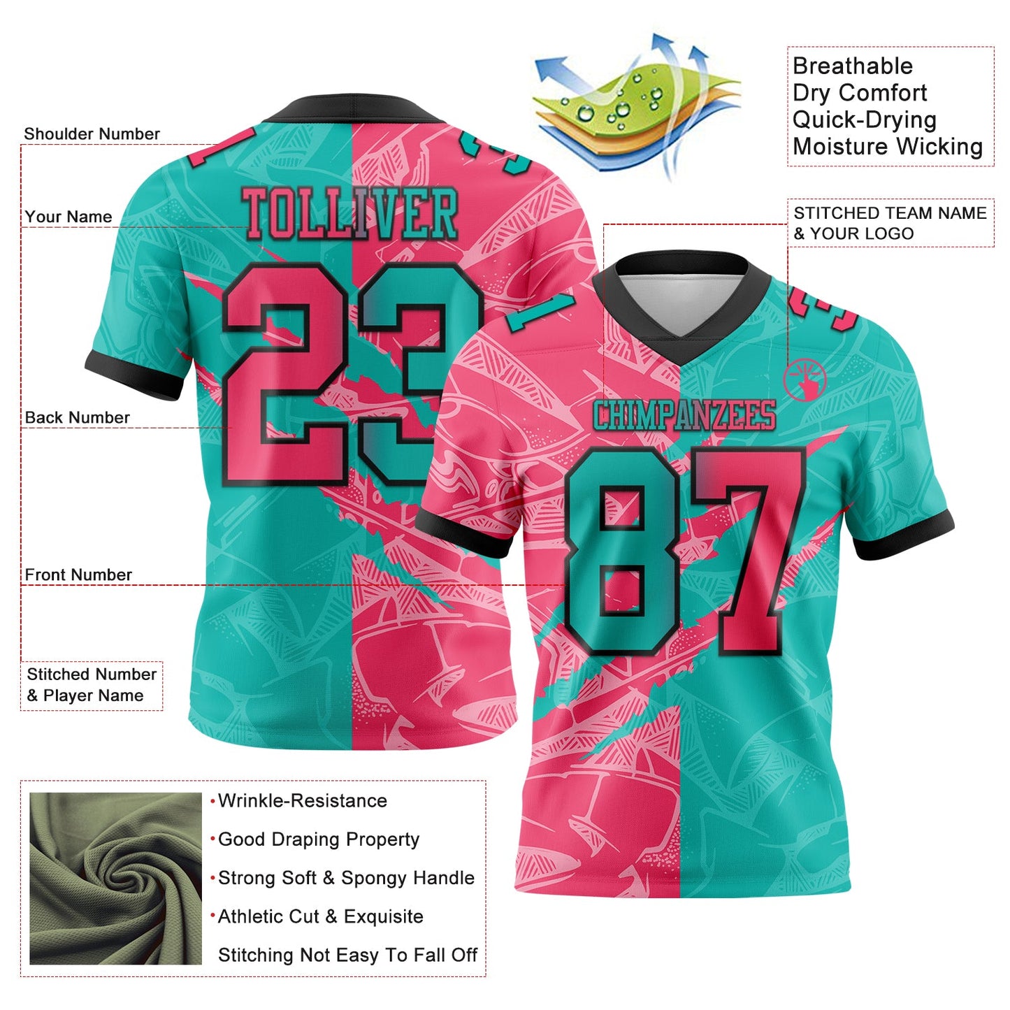 Custom Aqua Neon Pink-Black Mesh Authentic Gradient Fashion Scratch Football Jersey - Sky-Custom