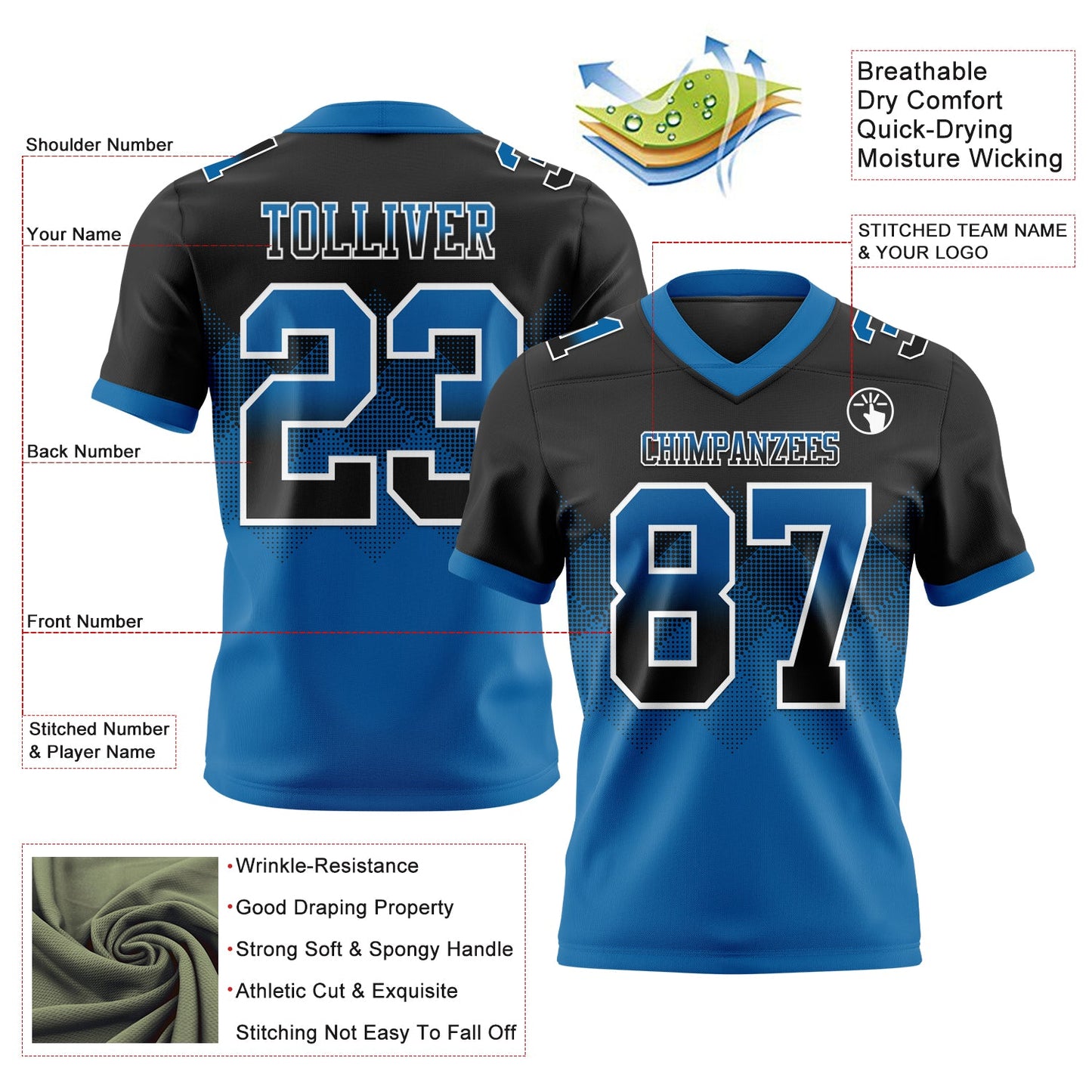 Custom Black Blue-White Mesh Authentic Gradient Square Shape Flag Football Jersey - Sky-Custom