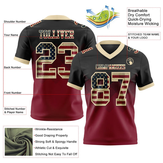 Custom Black Vintage USA Flag Crimson-Cream Mesh Authentic Gradient Square Shape Flag Football Jersey - Sky-Custom