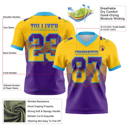 Custom Yellow Purple-Sky Blue Mesh Authentic Gradient Square Shape Flag Football Jersey - Sky-Custom