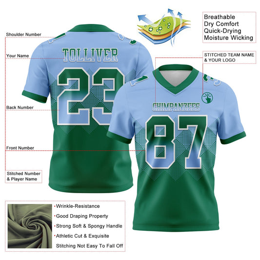 Custom Light Blue Kelly Green-White Mesh Authentic Gradient Square Shape Flag Football Jersey - Sky-Custom