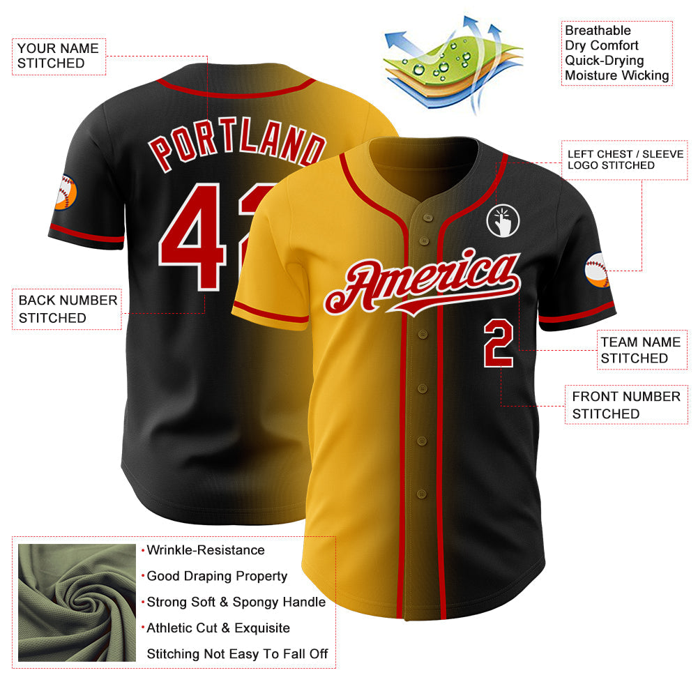 Custom Black Red Gold-White Authentic Gradient Fashion Baseball Jersey - Sky-Custom