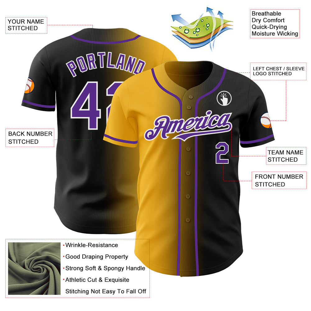 Custom Black Purple Gold-White Authentic Gradient Fashion Baseball Jersey - Sky-Custom