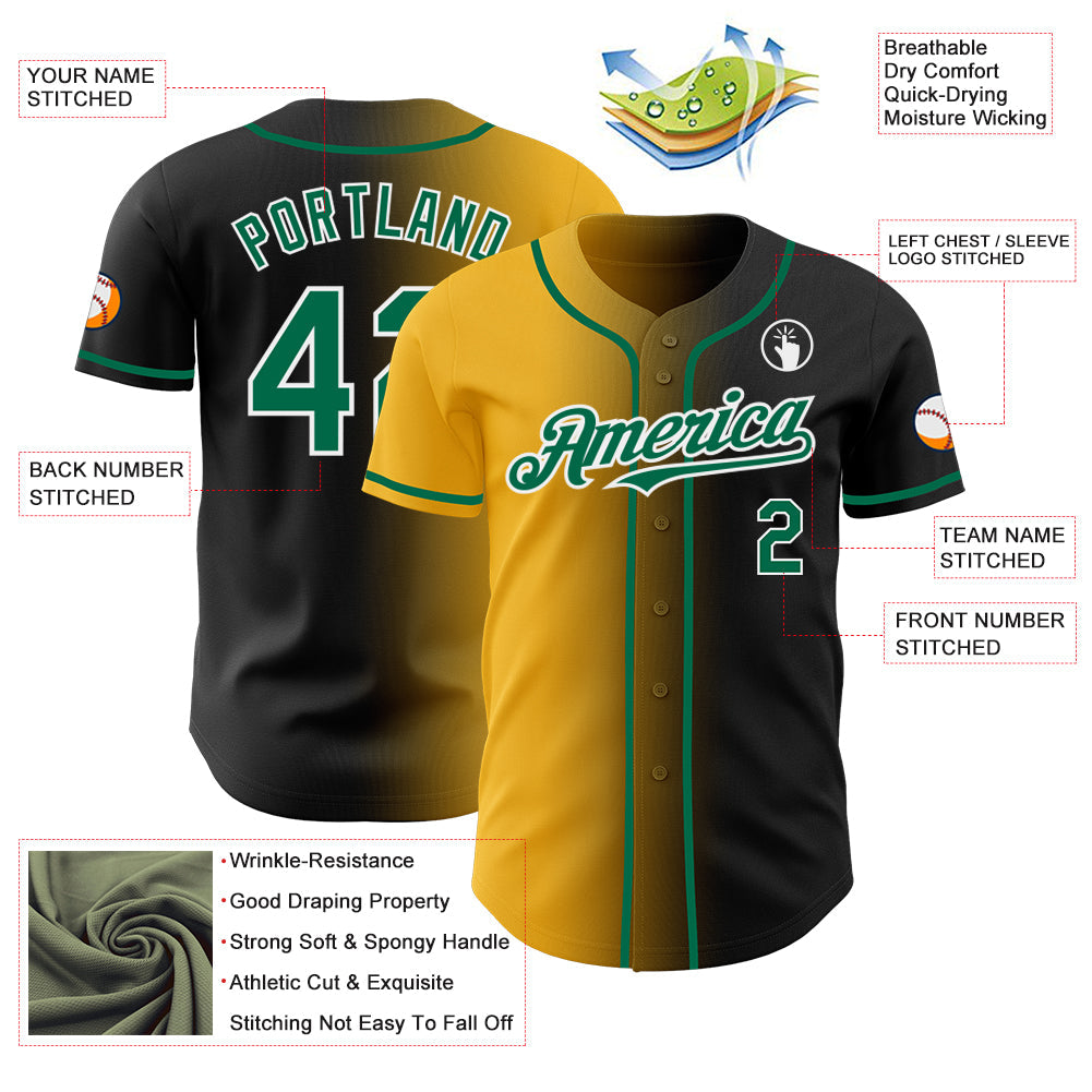 Custom Black Kelly Green Gold-White Authentic Gradient Fashion Baseball Jersey - Sky-Custom