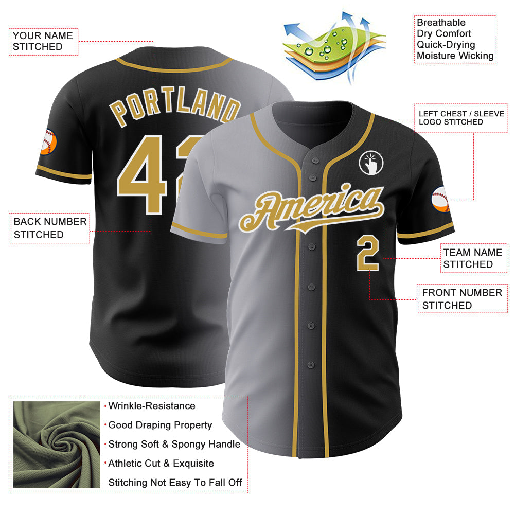 Custom Black Old Gold Gray-White Authentic Gradient Fashion Baseball Jersey - Sky-Custom
