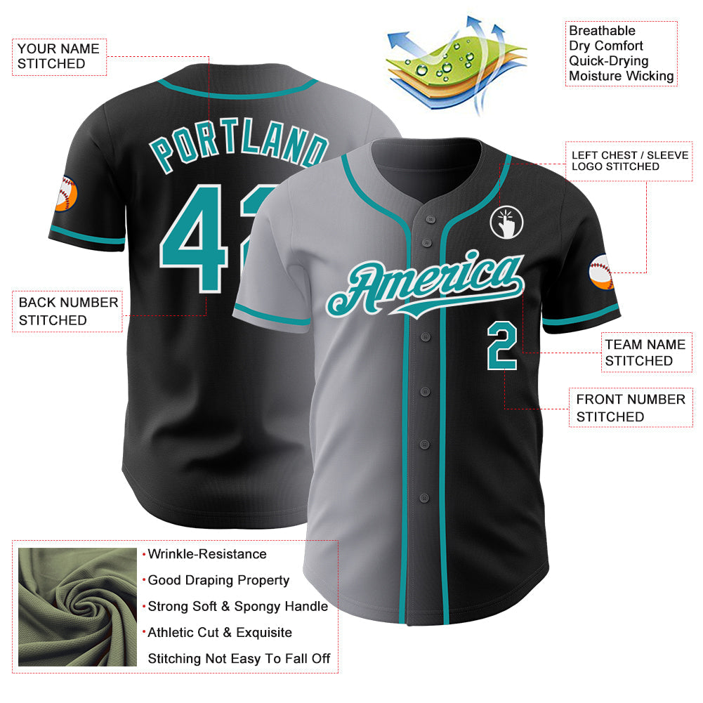 Custom Black Teal Gray-White Authentic Gradient Fashion Baseball Jersey - Sky-Custom