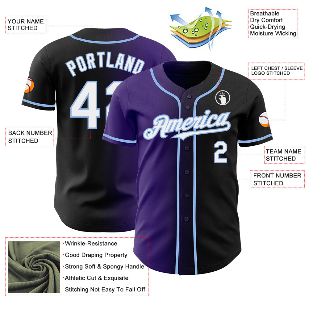 Custom Black White Purple-Light Blue Authentic Gradient Fashion Baseball Jersey - Sky-Custom