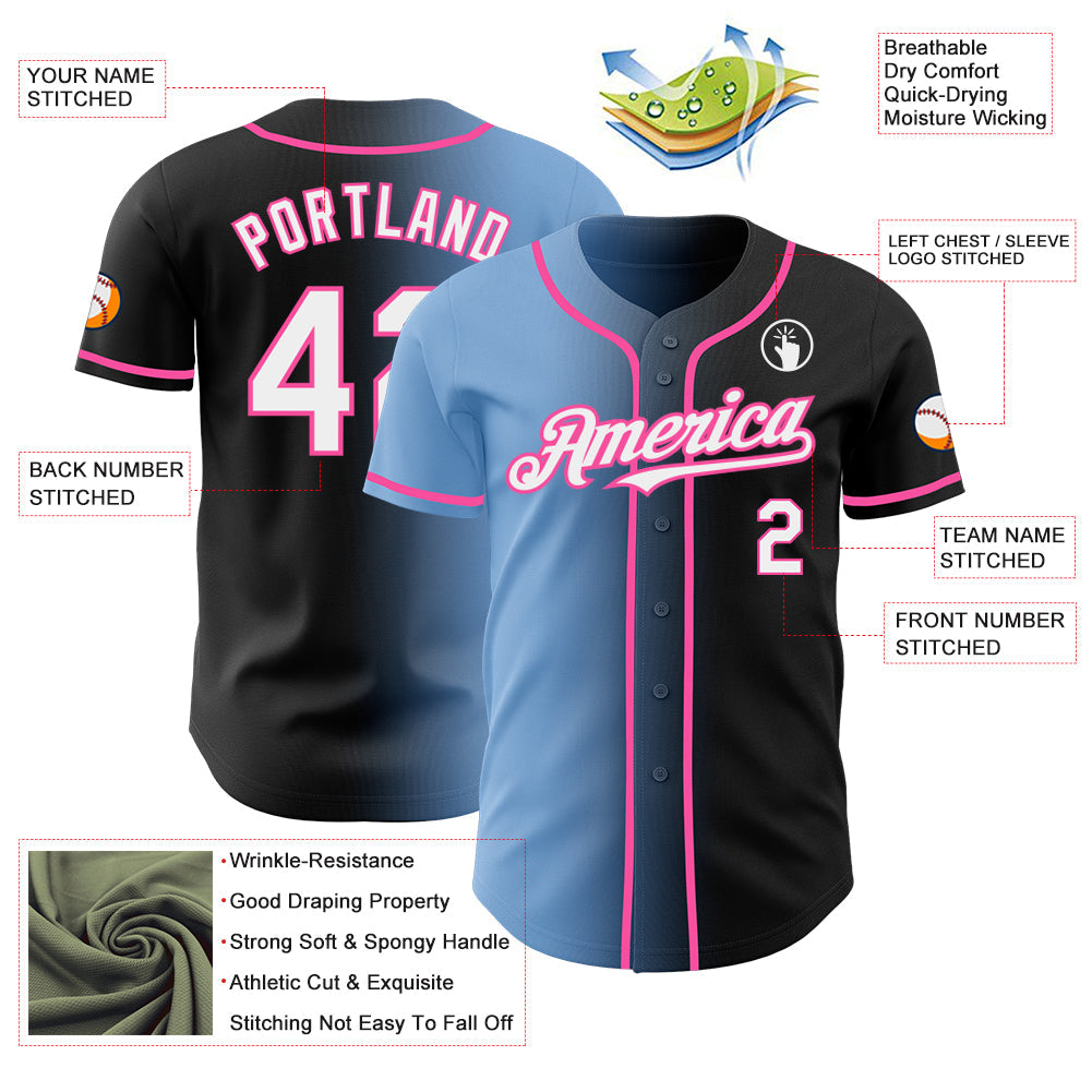 Custom Black White Light Blue-Pink Authentic Gradient Fashion Baseball Jersey - Sky-Custom